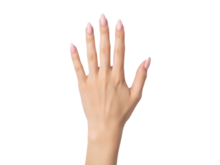 Isolated human hand with pink painted fingernails reaching up with open palm, nail care