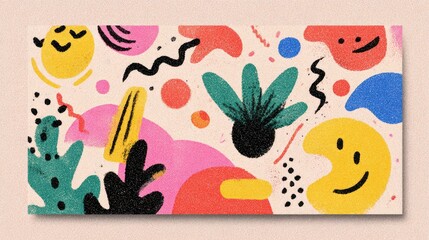 Vibrant and Playful Abstract Pattern with Colorful Elements Featuring Smiley Faces, Leaf Shapes, and Whimsical Designs for Creative Projects and Decor