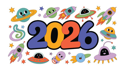 Galactic Vision: A vibrant, imaginative illustration for the year 2026, with colorful celestial bodies and spaceships suggesting a bright, innovative future.