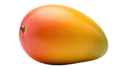 Isolated ripe mango fruit with stem, smooth skin transitions from yellow to orange to red