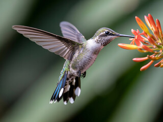 Naklejka premium Stunning close up of a tiny hummingbird hovering perfectly still while delicately feeding from vibrant orange trumpet flowers