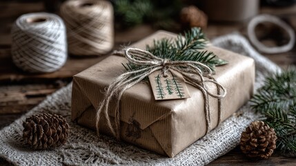 Rustic Christmas gift wrapped in brown paper with natural elements, featuring pine branches, twine, pinecones, and decorative tags on a wooden surface