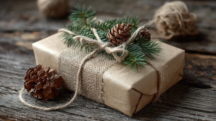 Rustic gift wrapped in brown paper adorned with twine, pine sprigs, and pine cones, set against a wooden background for a cozy, seasonal ambiance