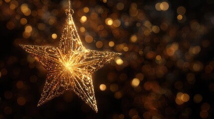 Shimmering Golden Star Ornament Against a Blurred Background of Warm Bokeh Lights, Perfect for Holiday Decorations and Festive Celebrations