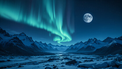 the moon over the mountains with aurora in it