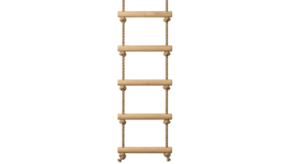 Isolated rope ladder, wooden rungs, hanging downwards, climbing equipment, outdoor fun