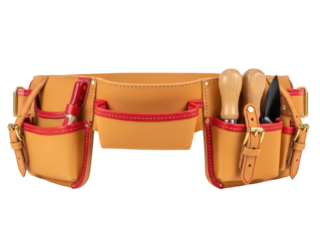 Isolated leather tool belt with various tools and accessories for construction workers