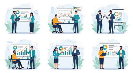 Illustration of six business scenes with professionals presenting and discussing data visualizations like pie charts and bar graphs, symbolizing analytics, teamwork, and communication in office settin
