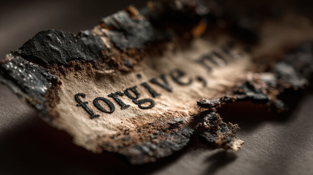 A burnt paper with the words forgive me on it