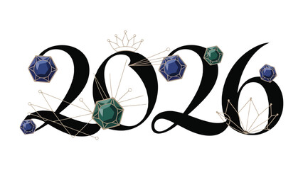2026 Typography Design: A stylish typography design, representing the year 2026, embellished with sparkling gems and a delicate crown. A symbol of anticipation and looking forward.
