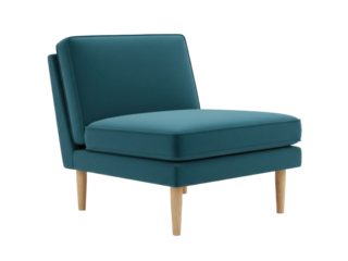 Isolated teal upholstered accent chair with wooden legs for living room, studio apartment