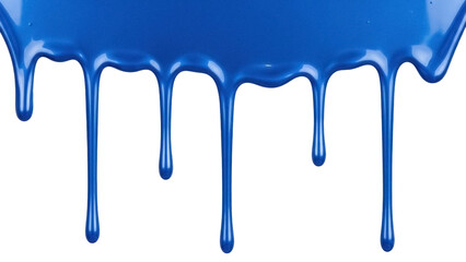 Isolated Drips of vibrant blue paint with glossy wet look, oozing down, dripping, flowing
