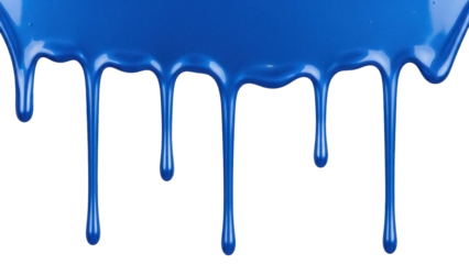 Isolated Drips of vibrant blue paint with glossy wet look, oozing down, dripping, flowing