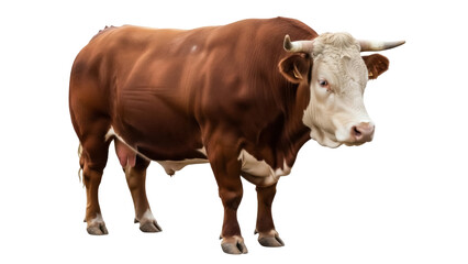 Isolated Braunvieh cow with horns standing peacefully on a light background, livestock