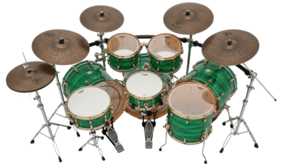 Isolated green drum kit, percussion musical instrument for rock band performance, sound, rhythm