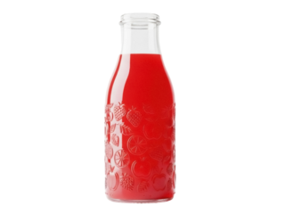 Isolated bottle of fruit juice with decorative fruit pattern on glass surface. Healthy drink