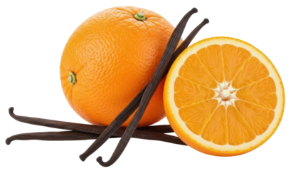 Isolated orange slice and whole fruit with vanilla bean pods for bakery products & flavoring