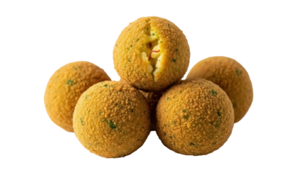 Isolated arancini, a popular fried snack from Italy, golden and crispy balls on a light background