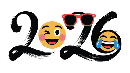 Vivid Vision of 2026: A cheerful composition showcasing the upcoming year with an expressive touch, blending playful emojis and stylish accessories.