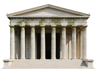 Isolated front view of classical Greek or Roman temple with columns for architectural design