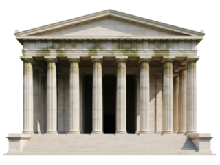 Isolated front view of classical Greek or Roman temple with columns for architectural design