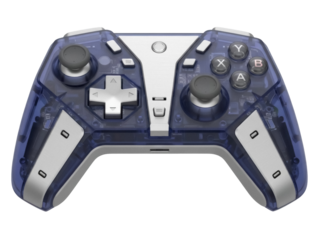 Isolated translucent purple gamepad device for video games action adventure genre concept