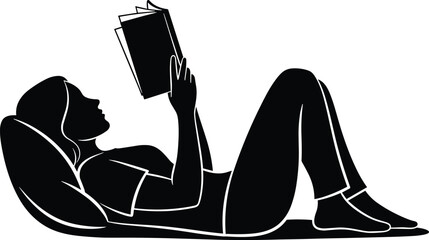 Relaxed reading silhouette, leisure posture icon, black illustration, personal time gesture, cushion pose concept, casual book moment, restful activity profile