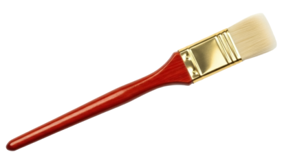 Isolated wide paintbrush with shiny ferrule, wooden handle lying diagonally on its side