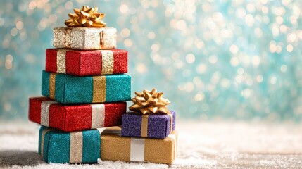 Colorful Christmas Gift Boxes with Glitter and Bows on a Sparkling Background for Holiday Festivities and Celebrations
