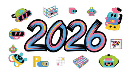 Vibrant Vision 2026: An illustration showcases a playful and colorful design incorporating the year 2026, accompanied by whimsical tech-inspired elements. 