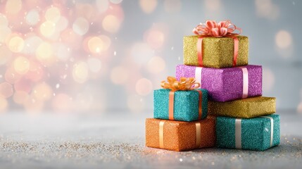 Colorful Glittery Gift Boxes Stacked on a Stylish Background with a Soft Focus and Bokeh Lights Creating a Festive and Cheerful Atmosphere Perfect for Celebrations