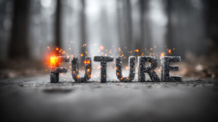 FUTURE text glowing ember effect dark forest fog depth of field contrast concept finance financial growth 2026 hope path vision spark ash stone texture light shadow