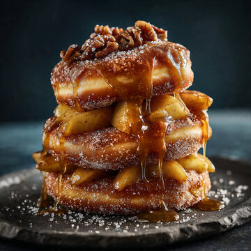 Indulgent caramel apple pecan donut stack dripping with sweet glaze and sugar crystals