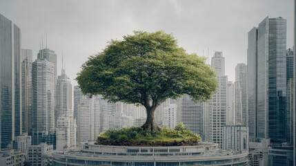 Obraz premium A breathtaking urban landscape featuring a solitary tree flourishing atop a circular platform surrounded by modern skyscrapers and a vibrant city backdrop