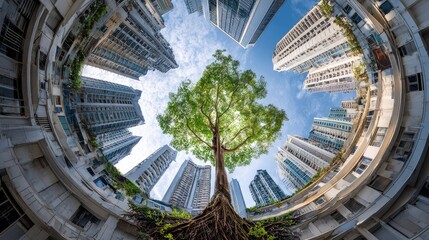 Majestic Tree Standing Tall Amidst Modern Skyscrapers, Symbolizing Nature's Resilience in Urban Jungle, Highlighting Contrast Between Greenery and Concrete Structures