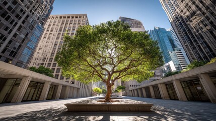 Serene Urban Oasis Featuring a Majestic Tree Amidst Tall Skyscrapers, Showcasing Harmony Between Nature and Modern Architecture in a Vibrant City Landscape