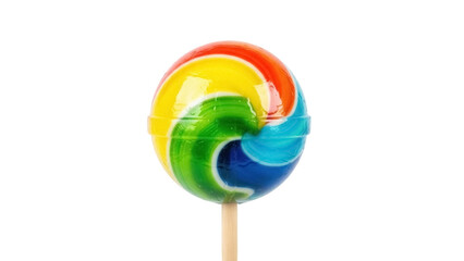 Isolated rainbow lollipop on stick, colorful spiral candy, sweet treat on clear background