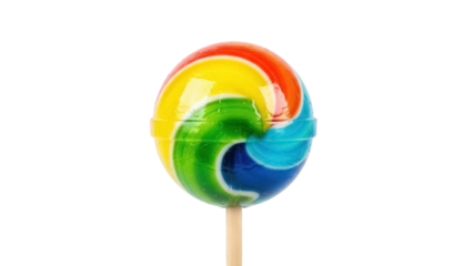 Isolated rainbow lollipop on stick, colorful spiral candy, sweet treat on clear background