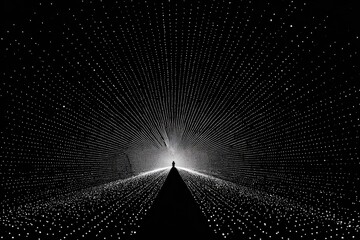 Silhouette of a person standing at the end of a narrow path made of glowing dots, leading into darkness