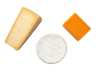 Isolated variety of cheese wedges and round on plain surface, dairy product assortment