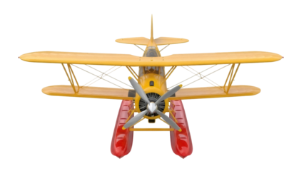 Isolated vintage yellow biplane seaplane with floats, a retro aerial vehicle for aviation