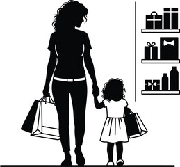 Shopping silhouette scene, mother and daughter icon, gift shelf illustration, black and white retail moment, family outing concept, consumer activity symbol
