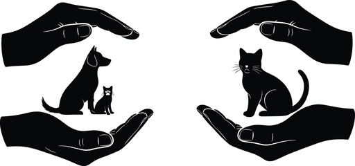 Silhouette hands protecting pets, dog and cat safety concept, animal care and protection illustration, pet welfare symbol, black figures isolated on white background