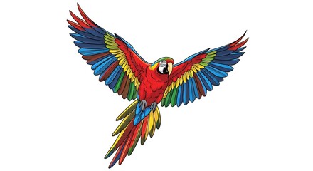 Obraz premium Vibrant Scarlet Macaw Parrot Flying with Wings Spread on White Background.