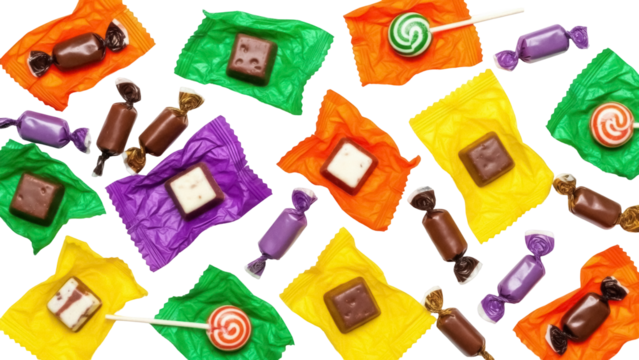 Isolated Candy assortment with colorful wrappers and fillings, sweets for party, celebration - Powered by Adobe