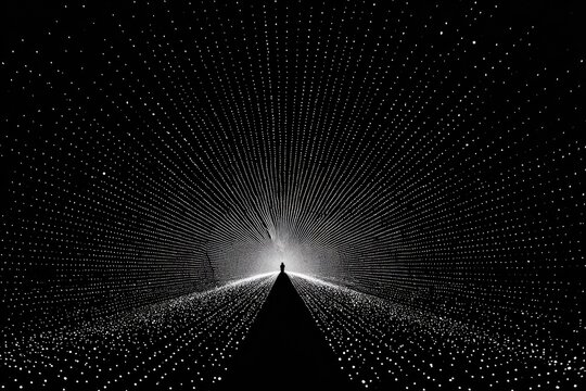 Silhouette of a person standing at the end of a narrow path made of glowing dots, leading into darkness