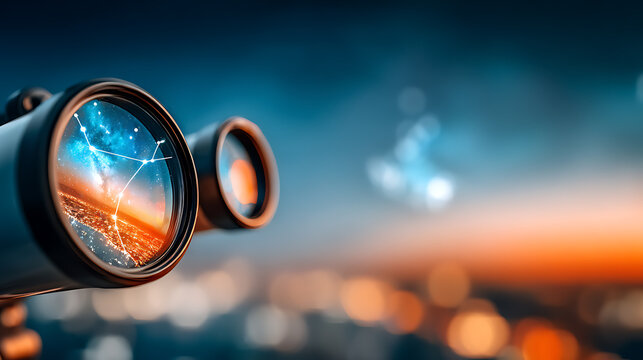 Stargazing telescope night sky constellation city skyline bokeh lens