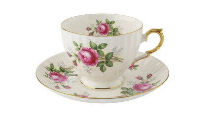 Isolated delicate bone china tea cup and saucer decorated with pink roses and gold trim art