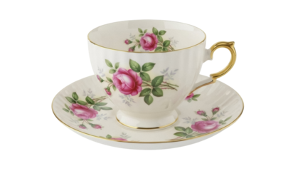Isolated delicate bone china tea cup and saucer decorated with pink roses and gold trim art