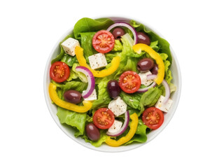 Isolated Greek Salad with Fresh Greens, Feta, Tomatoes, Red Onion, Olives and Bell Pepper